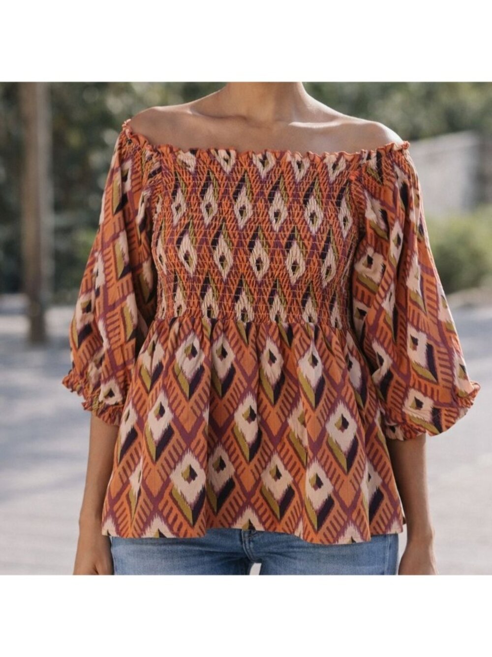 Michelle McDowell Off The Shoulder Short Sleeve Smocked Top Womens Small